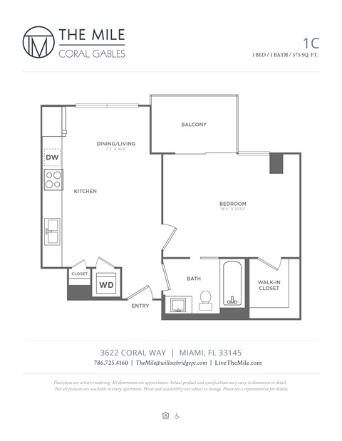 Floor plan for 1 bed, 1 bath, 575 sqft